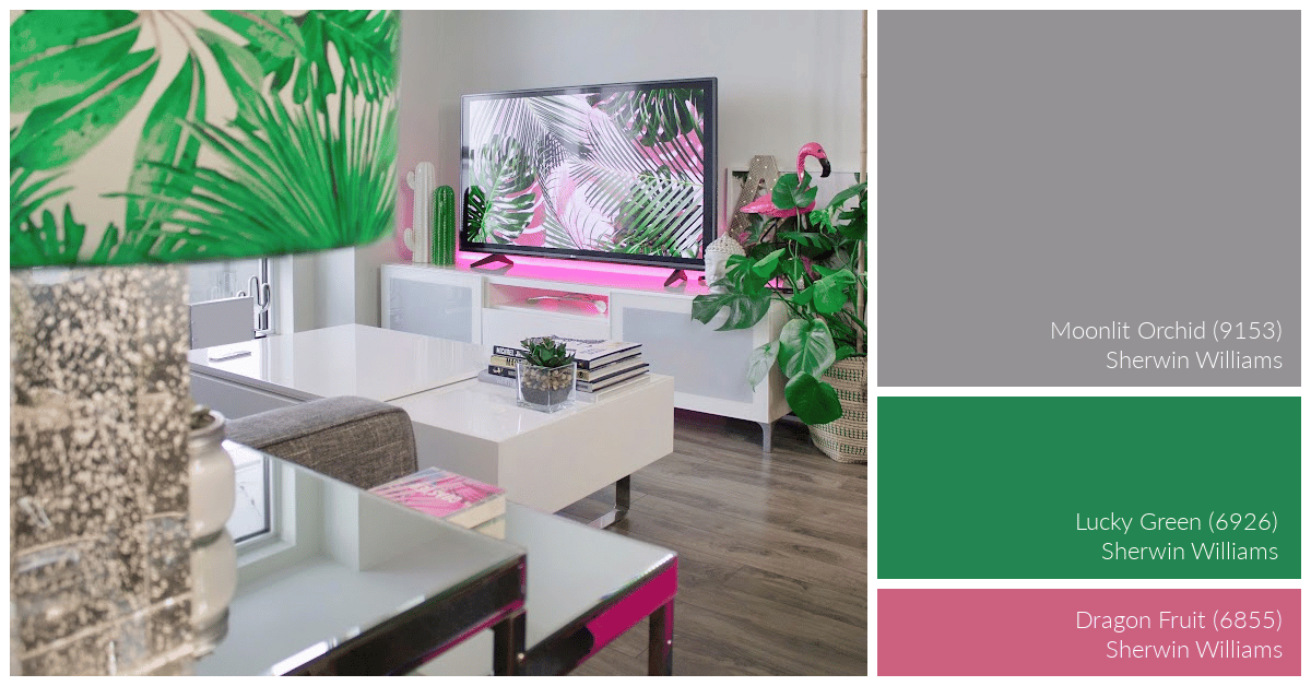 interior color scheme in gray, bright green, and bubble gum pink