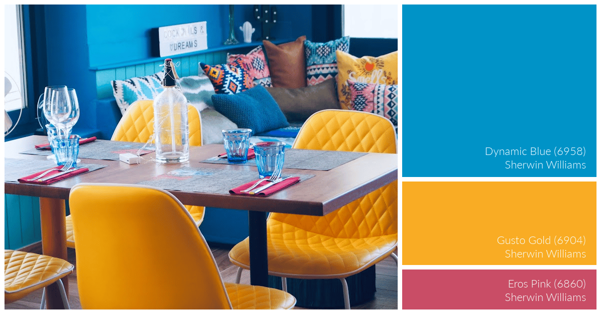 dining room color palette in turquoise, yellow, and deep pink