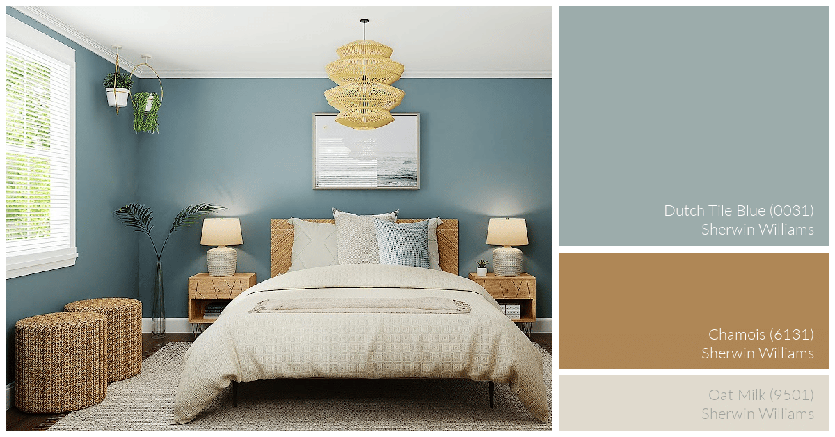 Bedroom color palette in light blue and khaki