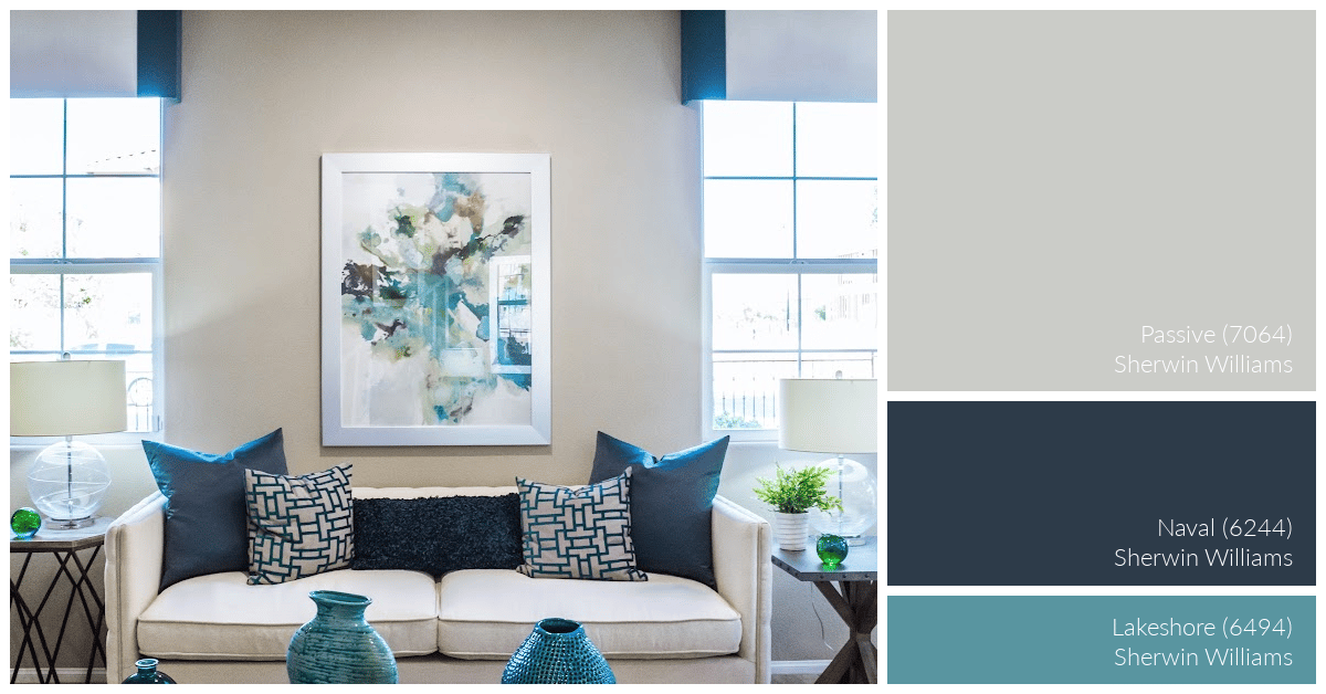 living room color palette in light gray, navy, and teal