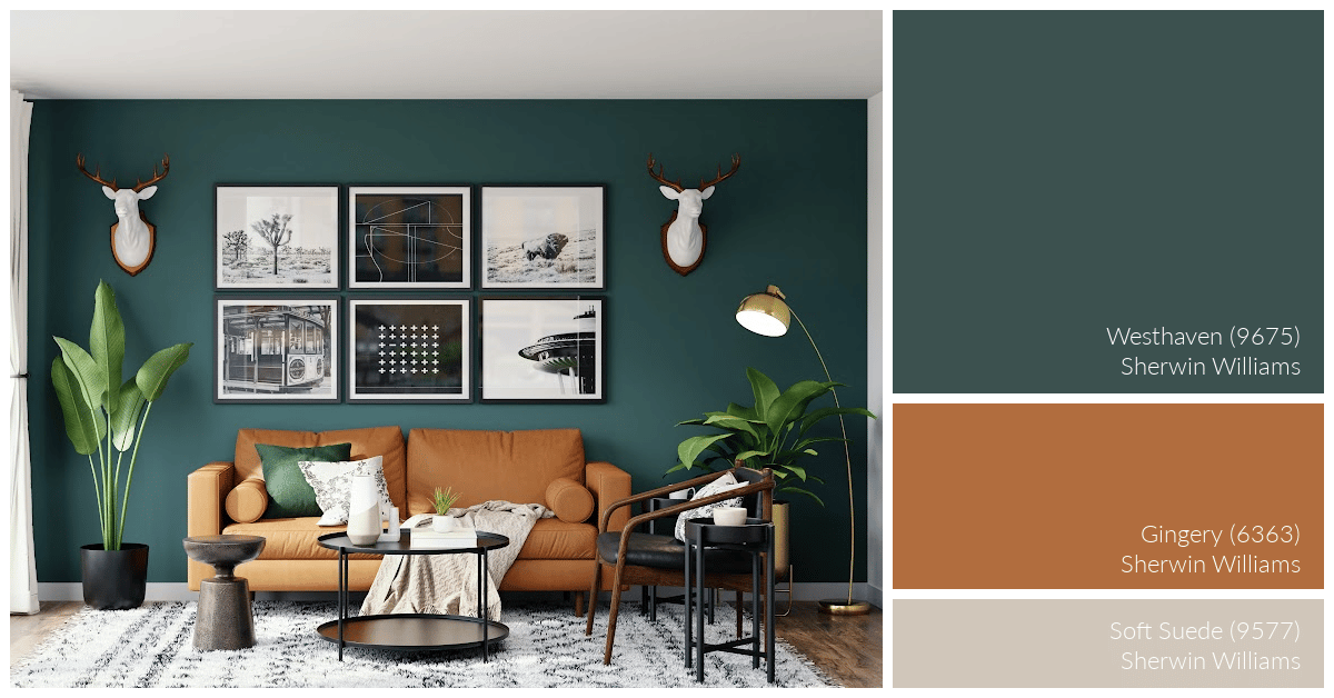 living room color palette in dark green and rust